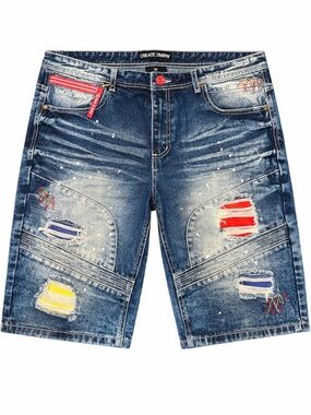 CREATE 2MRW Men’s Distressed Denim Shorts Size 36 Paint Splatter Moto Patch